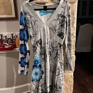 Midi Length A Line Silver Trim Flowers Dress